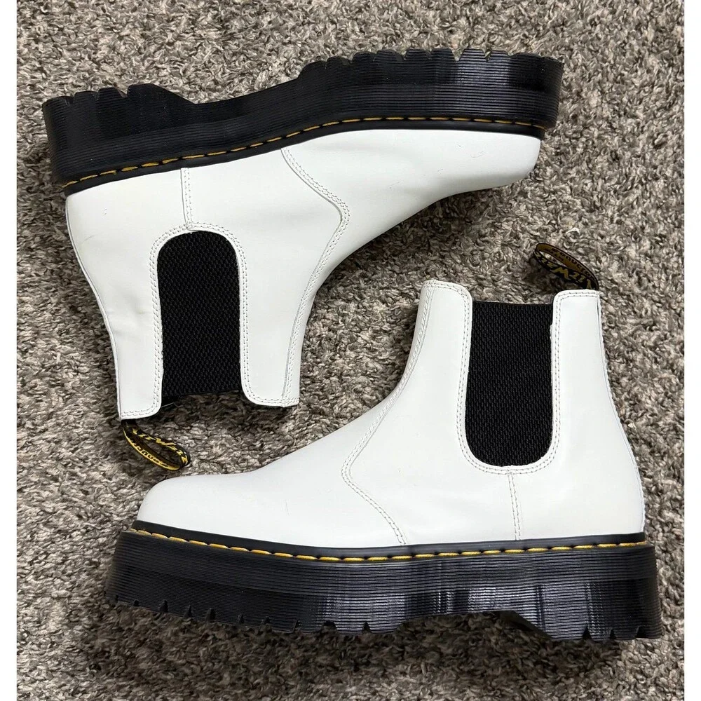 Doc Martens 2976 Chelsea Platform Boots Quad Smooth White Leather Men US Size 12